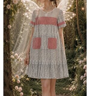 ELF SACK Sheer Mesh Embossed Sack Dress Geometric Print Patch Pockets Artsy S